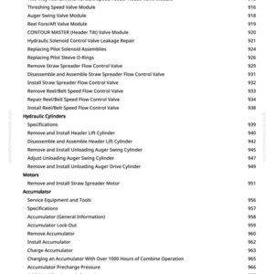 May include: A page from a manual with a list of mechanical components and their corresponding page numbers. The text includes terms like "Header Lift Valve Module," "Hydraulic Cylinders," and "Accumulator." The page number "13" is visible at the bottom.