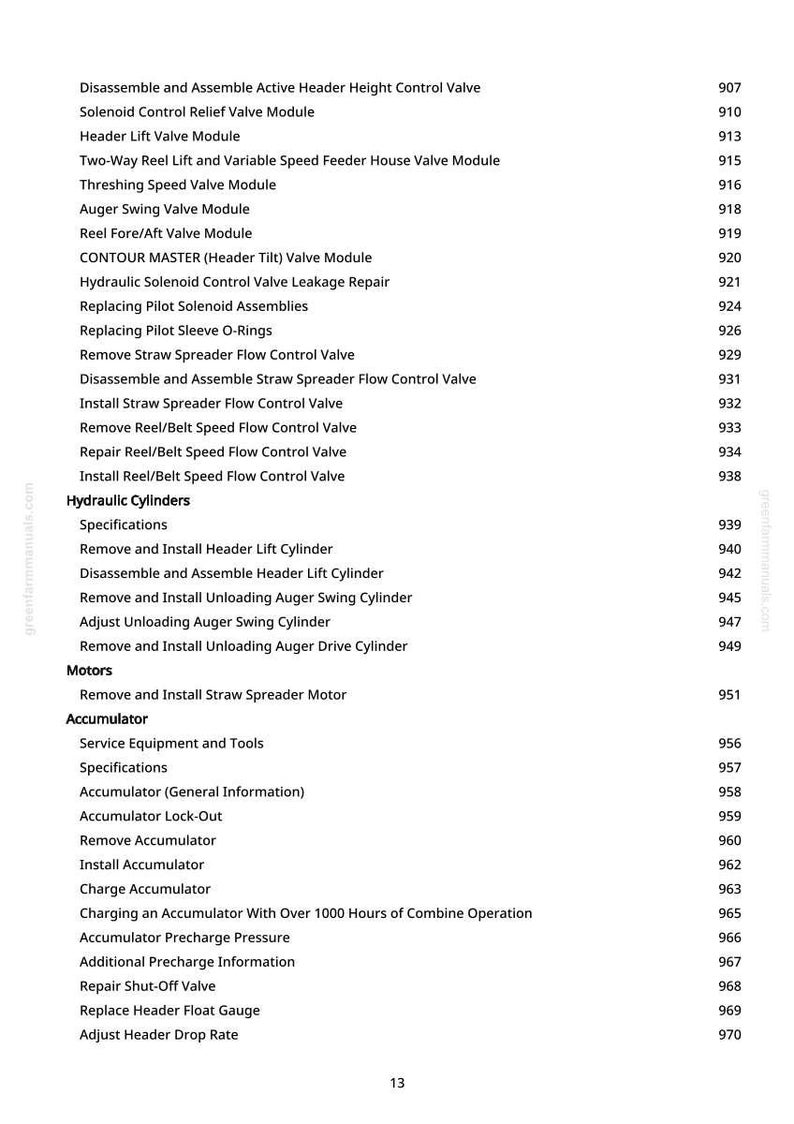 May include: A page from a manual with a list of mechanical components and their corresponding page numbers. The text includes terms like "Header Lift Valve Module," "Hydraulic Cylinders," and "Accumulator." The page number "13" is visible at the bottom.