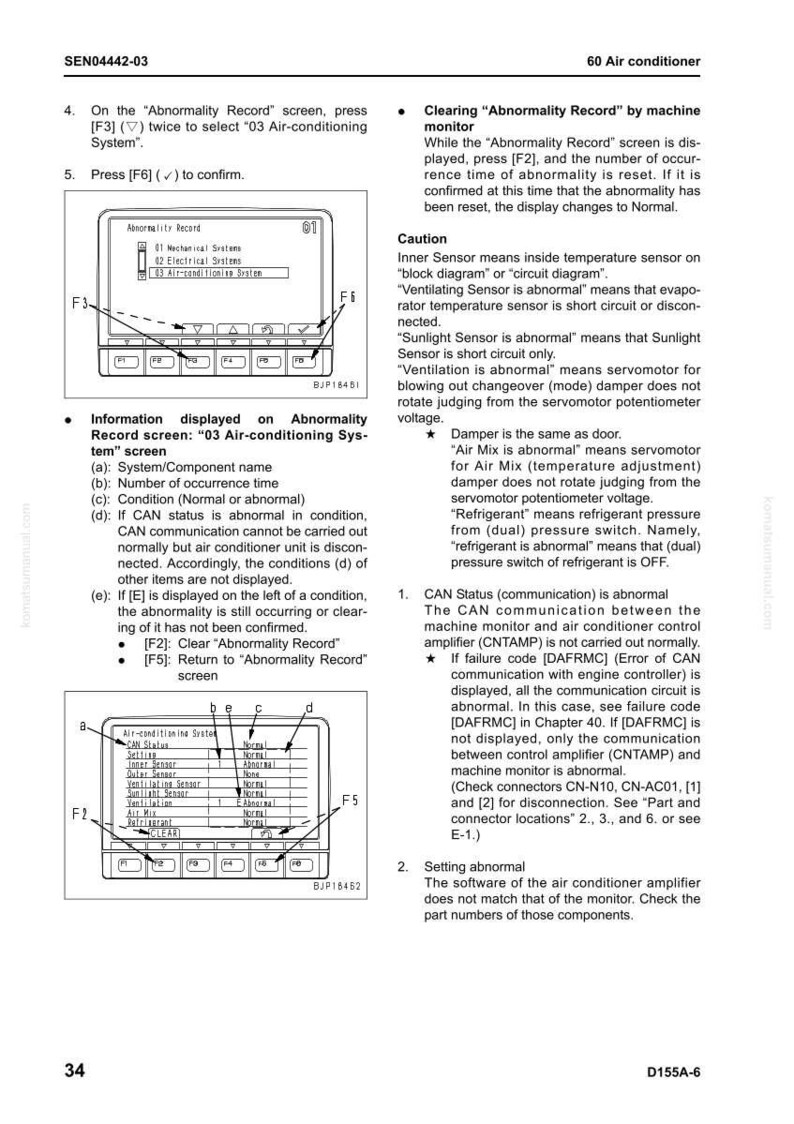 May include: A page from a manual for a 60 Air conditioner, with diagrams and text. The screen displays options for the air conditioning system, including CAN status and sensor readings. Instructions are provided for clearing abnormality records.