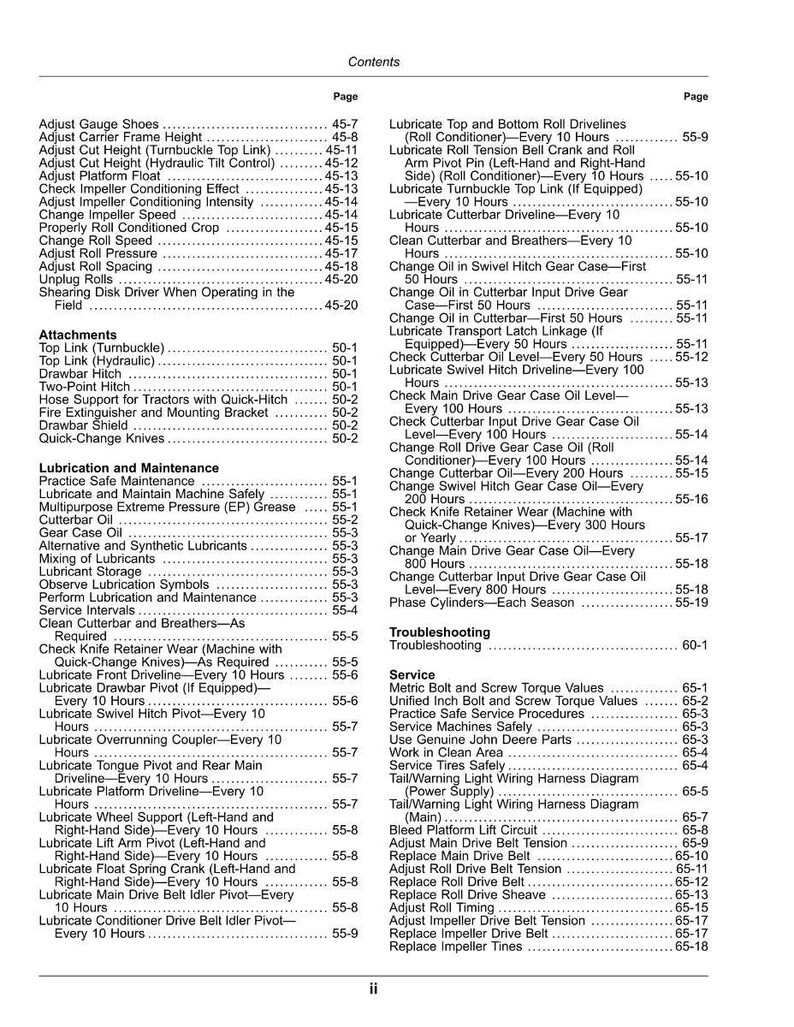 May include: A detailed table of contents from a manual, listing maintenance and service procedures for agricultural machinery. Includes topics like lubrication, troubleshooting, and adjustments, with page numbers for easy reference. The text is in black on a white background.