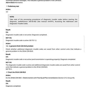 May include: A white page with black text detailing diagnostic trouble codes for a 29-bit CAN BUS system. The text includes instructions, results, and actions to take for troubleshooting. The page has the text "EPC 000639.14 - 29-bit CAN BUS, Very High Error Rate."