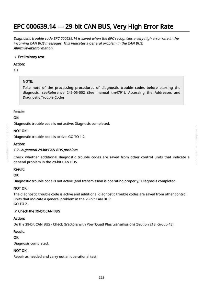 May include: A white page with black text detailing diagnostic trouble codes for a 29-bit CAN BUS system. The text includes instructions, results, and actions to take for troubleshooting. The page has the text "EPC 000639.14 - 29-bit CAN BUS, Very High Error Rate."