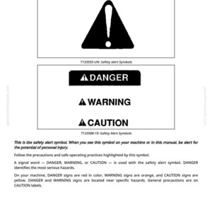 May include: Black and white image with safety alert symbols. Includes a black triangle with an exclamation point, and the words "DANGER", "WARNING", and "CAUTION". The text explains the meaning of the symbols.