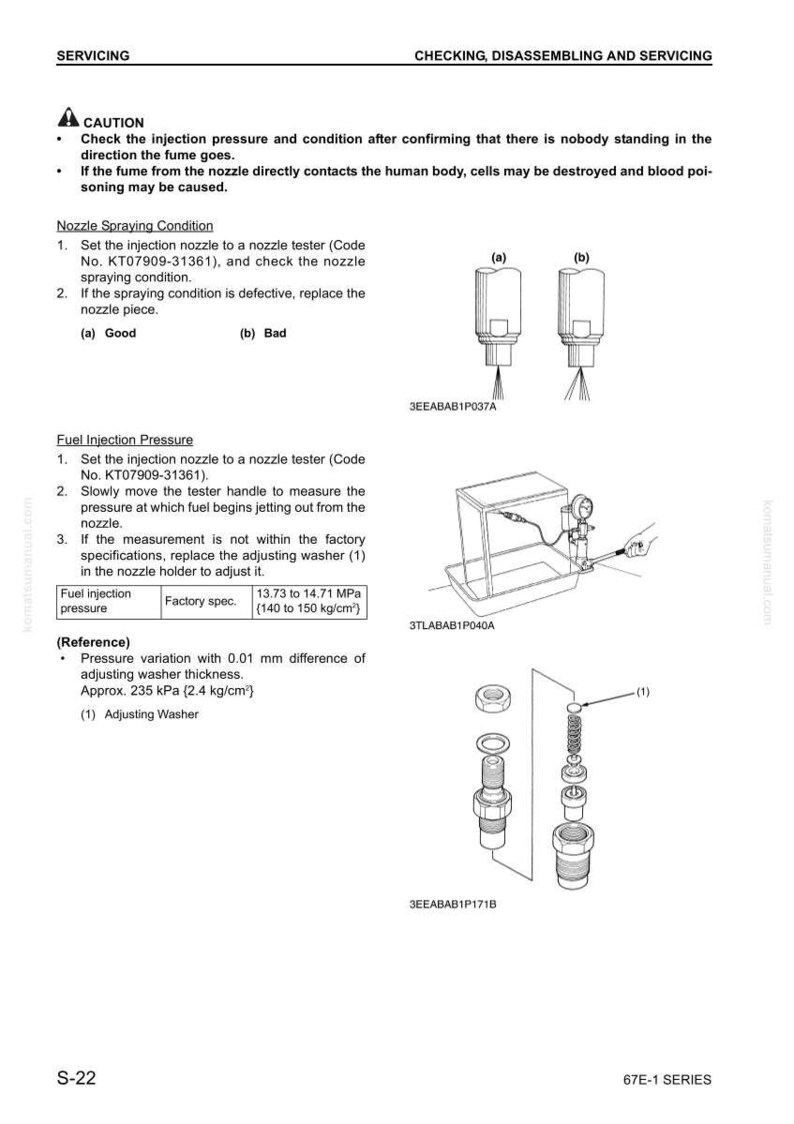 Pu&ograve; includere: Diagramma delle procedure di manutenzione del sistema di iniezione del carburante. Include illustrazioni di test degli ugelli, controlli della pressione di iniezione e diagrammi dei componenti. Contiene avvertenze di sicurezza.
