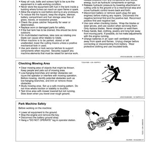 May include: A safety manual page with text and illustrations. Sections include maintenance, storage, mowing area checks, and safe parking procedures. Diagrams show a person mowing and a key.