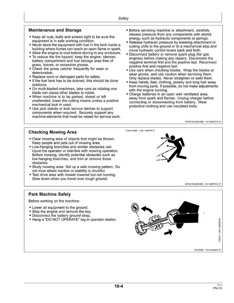May include: A safety manual page with text and illustrations. Sections include maintenance, storage, mowing area checks, and safe parking procedures. Diagrams show a person mowing and a key.