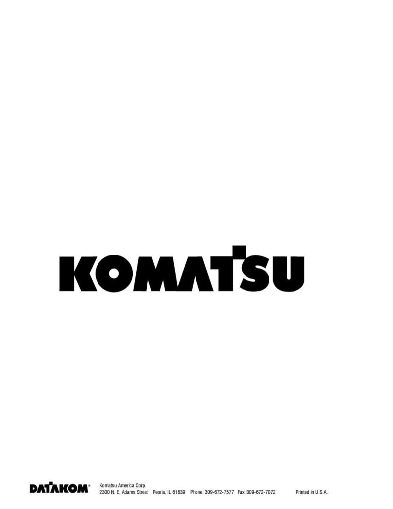 May include: The KOMATSU logo in bold black letters on a white background. Below the logo is the DATAKOM logo and company information, including the address, phone, and fax number. The text "Printed in U.S.A." is at the bottom right.