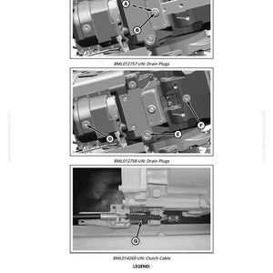 May include: Technical diagram with close-up views of mechanical components. The image includes labels and arrows pointing to parts like drain plugs, a clutch cable, and a swinging support plug. Text at the bottom reads "BML012757-UN: Drain Plugs" and "BML014260-UN: Clutch Cable."