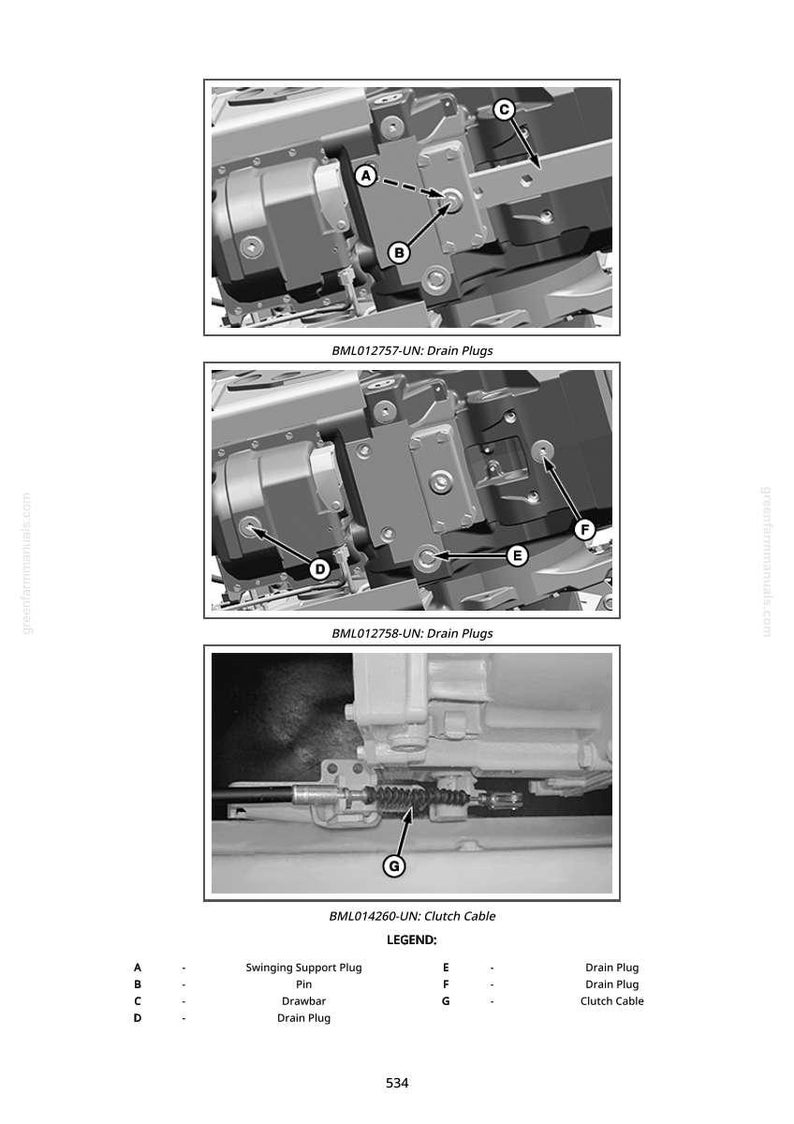 May include: Technical diagram with close-up views of mechanical components. The image includes labels and arrows pointing to parts like drain plugs, a clutch cable, and a swinging support plug. Text at the bottom reads "BML012757-UN: Drain Plugs" and "BML014260-UN: Clutch Cable."