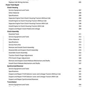 Puede incluir: Una p&aacute;gina del manual greenfarmmanuals.com, que enumera los temas de reparaci&oacute;n de tractores. Los temas incluyen mazos de cables, carcasa del embrague, conjunto del embrague y componentes de la transmisi&oacute;n. Los n&uacute;meros de p&aacute;gina se enumeran a la derecha de cada tema.