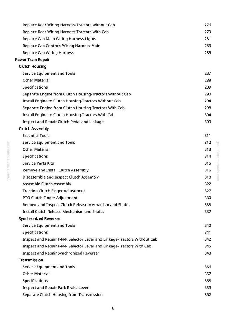 Puede incluir: Una p&aacute;gina del manual greenfarmmanuals.com, que enumera los temas de reparaci&oacute;n de tractores. Los temas incluyen mazos de cables, carcasa del embrague, conjunto del embrague y componentes de la transmisi&oacute;n. Los n&uacute;meros de p&aacute;gina se enumeran a la derecha de cada tema.