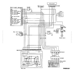 May include: An electrical circuit diagram for an M-30 system, featuring a monitor panel, wiper motor, and relay box. The diagram includes labels for various components and connections, with text such as "Troubleshooting" and "H-MODE".