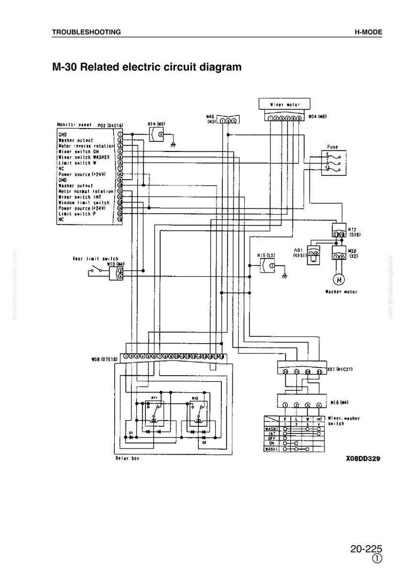 May include: An electrical circuit diagram for an M-30 system, featuring a monitor panel, wiper motor, and relay box. The diagram includes labels for various components and connections, with text such as "Troubleshooting" and "H-MODE".