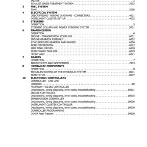 May include: A page from a manual titled "TABLE OF CONTENTS" with a list of sections including "ENGINE", "FUEL SYSTEM", "ELECTRICAL SYSTEM", and "TRANSMISSION". The document is dated June 2019.
