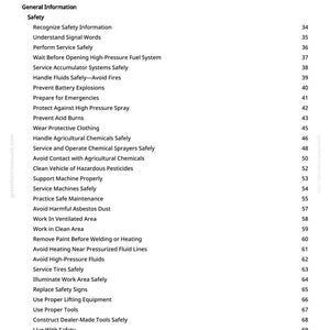 May include: A white page titled "Table of Contents" with a list of safety-related topics. The topics include "Handle Fluids Safely," "Prevent Battery Explosions," and "Wear Protective Clothing." The page is from a manual.