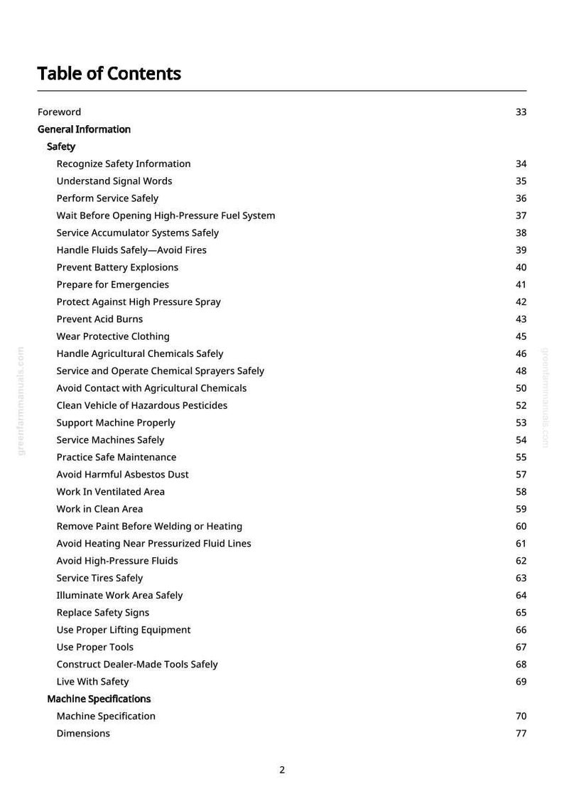 May include: A white page titled "Table of Contents" with a list of safety-related topics. The topics include "Handle Fluids Safely," "Prevent Battery Explosions," and "Wear Protective Clothing." The page is from a manual.