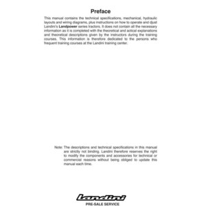 May include: A white manual titled "Preface" with text about Landini's Landpower series tractors. The manual includes technical specifications, layouts, and wiring diagrams. The bottom of the page has the Landini logo and contact information.