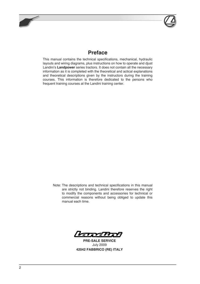 May include: A white manual titled "Preface" with text about Landini's Landpower series tractors. The manual includes technical specifications, layouts, and wiring diagrams. The bottom of the page has the Landini logo and contact information.