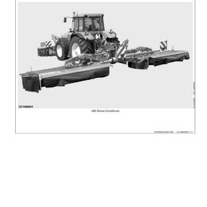 May include: Black and white diagram of a tractor with attached mower-conditioners. The image includes the text "Identification Views" and "381 and 388 Mower-Conditioners". The tractor has large tires and a cab.