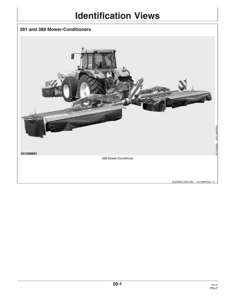 May include: Black and white diagram of a tractor with attached mower-conditioners. The image includes the text "Identification Views" and "381 and 388 Mower-Conditioners". The tractor has large tires and a cab.