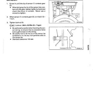 Puede incluir: Diagrama de un procedimiento de ajuste del sensor de velocidad del motor. La imagen incluye ilustraciones de los componentes del sensor, un engranaje e instrucciones para apretar y comprobar el sensor. El texto incluye medidas en Nm y mm.