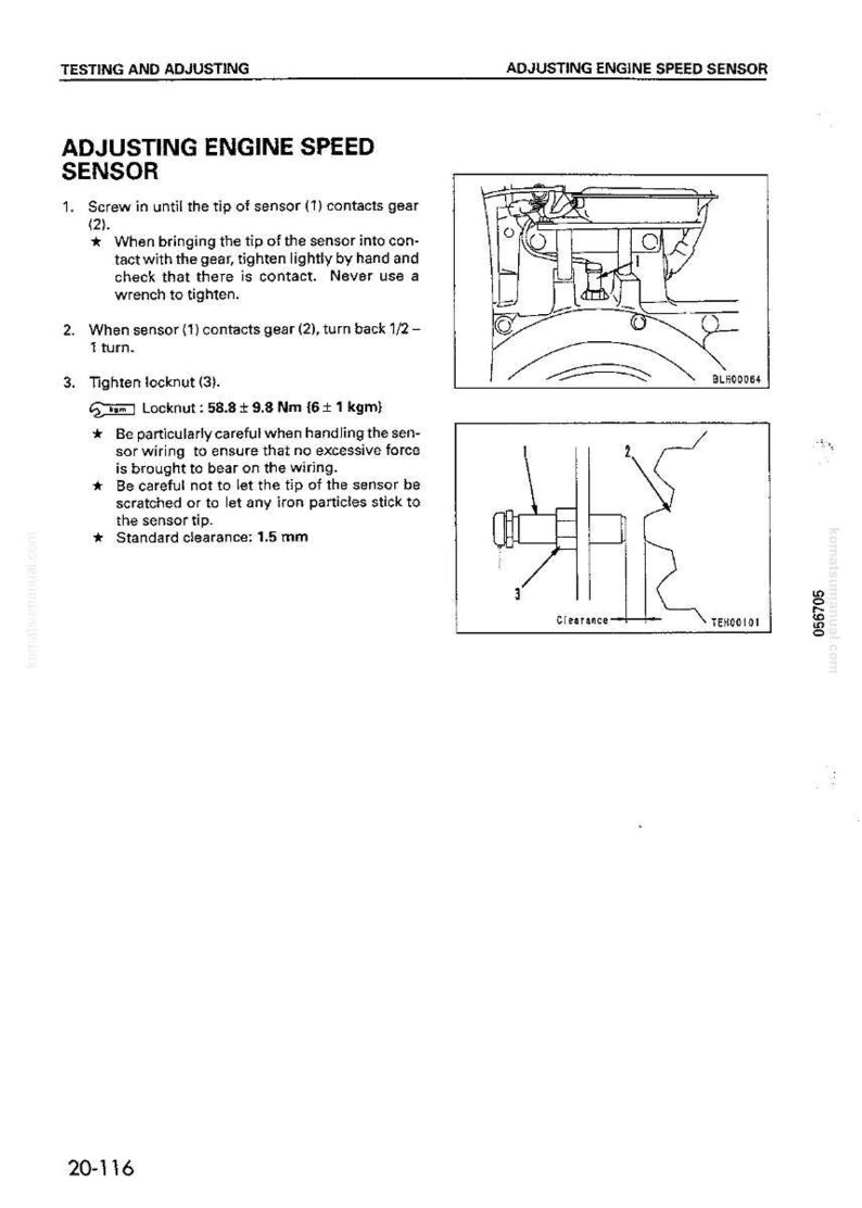 Puede incluir: Diagrama de un procedimiento de ajuste del sensor de velocidad del motor. La imagen incluye ilustraciones de los componentes del sensor, un engranaje e instrucciones para apretar y comprobar el sensor. El texto incluye medidas en Nm y mm.