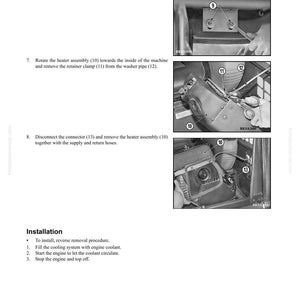 May include: A black and white technical diagram titled "DISASSEMBLY AND ASSEMBLY" and "CAB HEATER ASSEMBLY". The diagram shows steps for removing and installing a heater assembly, including removing screws, rotating parts, and disconnecting connectors. Text instructions and numbered parts are included.