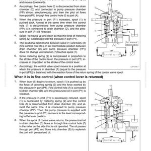 May include: Diagram of a component part of a work equipment system, showing the structure and function of a control valve. The diagram includes labels for various parts such as the piston, lever, and spool, with arrows indicating fluid flow.