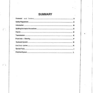 May include: A printed page from a technical manual, featuring a table of contents titled "SUMMARY". The document lists sections such as "Safety Regulations", "Engine", and "Electrical System". The document is from LANDINI Tractors S.p.A.