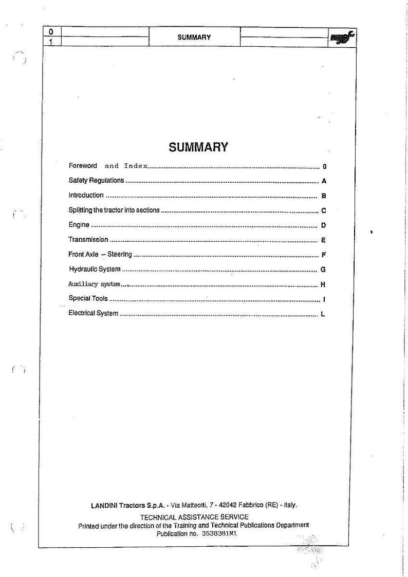 May include: A printed page from a technical manual, featuring a table of contents titled "SUMMARY". The document lists sections such as "Safety Regulations", "Engine", and "Electrical System". The document is from LANDINI Tractors S.p.A.