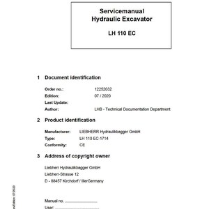 Puede incluir: Un manual de servicio blanco para una excavadora hidr&aacute;ulica, modelo LH 110 EC. El documento incluye detalles como el n&uacute;mero de pedido, la fecha de edici&oacute;n y el fabricante, LIEBHERR Hydraulikbagger GmbH. El documento est&aacute; en ingl&eacute;s.