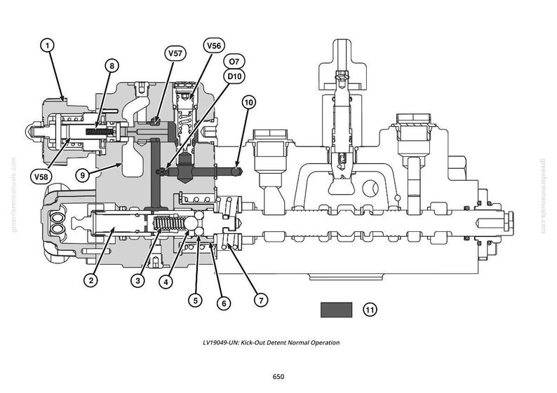 K&ouml;nnte beinhalten: Schwarz-Wei&szlig;-Diagramm einer mechanischen Komponente, beschriftet mit Zahlen und Buchstaben. Das Diagramm zeigt die inneren Funktionen der Komponente, einschlie&szlig;lich verschiedener Ventile, Federn und Kammern. Der Text "LV19049-UN: Kick-Out Detent Normal Operation" befindet sich unten.