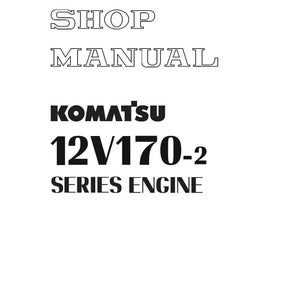 Peut inclure: Un manuel d'atelier blanc avec du texte noir. Le titre "SHOP MANUAL" est en haut, suivi de "KOMATSU 12V170-2 SERIES ENGINE". Le copyright du manuel est de 2005, imprim&eacute; au Japon. Le num&eacute;ro de document est 00-1.