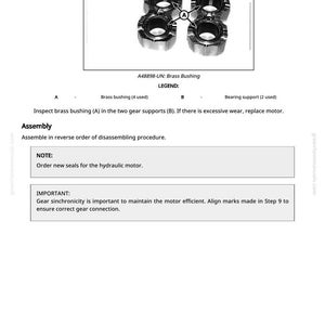 May include: Diagram of brass bushings and bearing supports, labeled A and B, with a legend indicating quantities. Text includes instructions for assembly and maintenance, with notes on gear synchronicity and seal replacement.