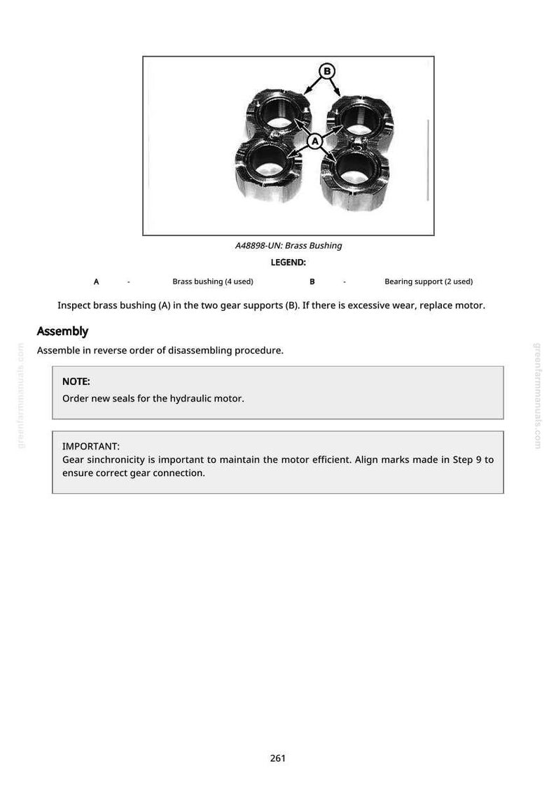 May include: Diagram of brass bushings and bearing supports, labeled A and B, with a legend indicating quantities. Text includes instructions for assembly and maintenance, with notes on gear synchronicity and seal replacement.