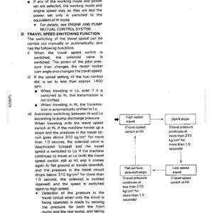 May include: A technical diagram with text explaining pump control and travel speed switching functions. The diagram includes flowcharts illustrating high and low-speed travel scenarios, with pressure and switch conditions.