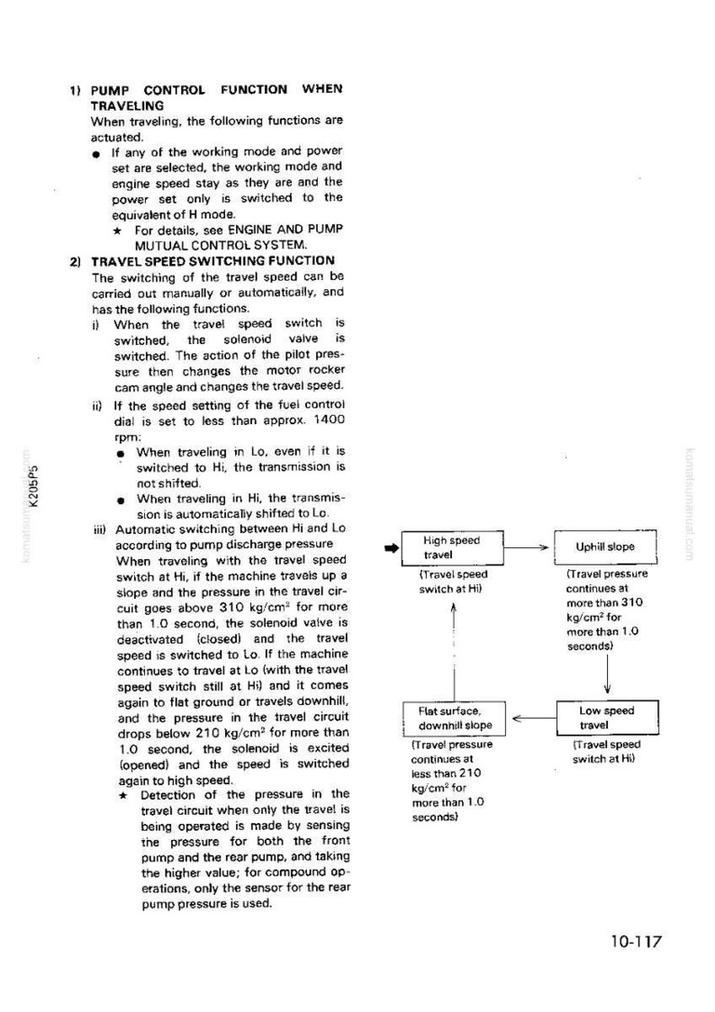 May include: A technical diagram with text explaining pump control and travel speed switching functions. The diagram includes flowcharts illustrating high and low-speed travel scenarios, with pressure and switch conditions.