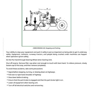 May include: Line drawing of a tractor-like machine with text "Stopping and Parking". The image includes arrows and a diagram of the machine's components. Safety instructions are also included.