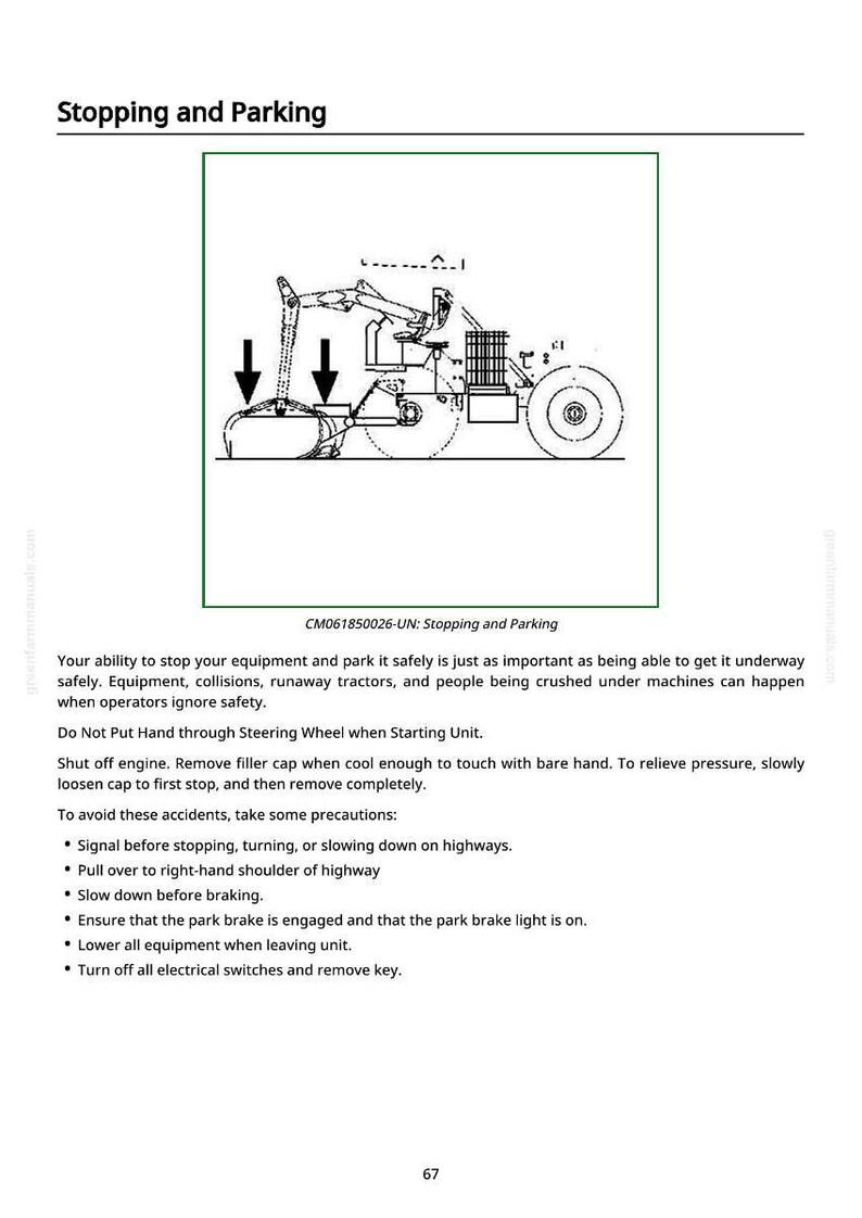 May include: Line drawing of a tractor-like machine with text "Stopping and Parking". The image includes arrows and a diagram of the machine's components. Safety instructions are also included.