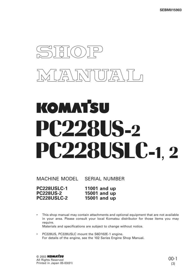 May include: A white shop manual cover featuring the text "SHOP MANUAL" in a bold, outlined font. Below, the Komatsu logo and model numbers PC228US-2 and PC228USLC-1, 2 are displayed in black.