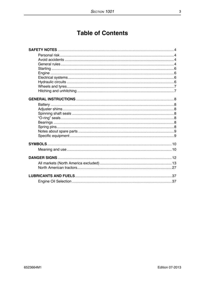 May include: A page from a manual titled "Table of Contents." The document lists safety notes, general instructions, symbols, danger signs, and information on lubricants and fuels. The edition is dated 07-2013.