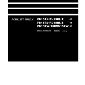 Puede incluir: Un manual de taller en blanco y negro con el texto "Shop Manual" en la parte superior. El manual incluye informaci&oacute;n sobre carretillas elevadoras, incluidos los n&uacute;meros de modelo y de serie. El logotipo de Komatsu est&aacute; en la parte inferior.