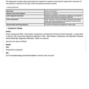 Pu&ograve; includere: Documento diagnostico intitolato "XSC 001504.31 - Sistema di sterzo automatico, guasto - nessun operatore seduto sul sedile". Include passaggi per la risoluzione dei problemi, informazioni sui componenti e schemi diagnostici. Testo nero su sfondo bianco.