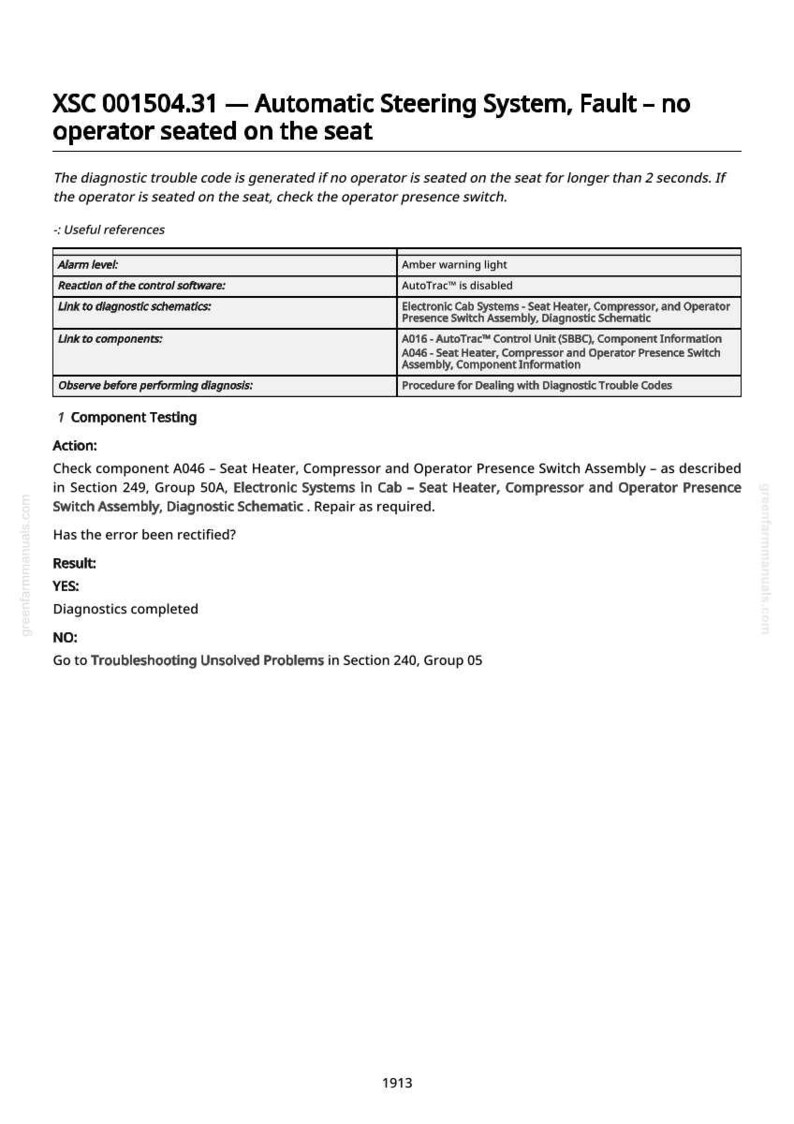 Pu&ograve; includere: Documento diagnostico intitolato "XSC 001504.31 - Sistema di sterzo automatico, guasto - nessun operatore seduto sul sedile". Include passaggi per la risoluzione dei problemi, informazioni sui componenti e schemi diagnostici. Testo nero su sfondo bianco.