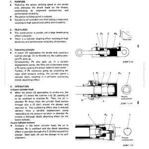 K&ouml;nnte beinhalten: Diagramm eines D&auml;mpfzylinders, das den Zylinderkopf und die Unterseite des Armzylinders zeigt. Das Diagramm enth&auml;lt Beschriftungen f&uuml;r Teile wie Kolben, Tauchkolben und D&auml;mpfungsring sowie ein Flussdiagramm und Querschnittsansichten.