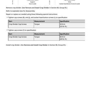 May include: A detailed technical diagram with a legend, instructions, and specifications for crop divider cap screws. The diagram includes measurements in lb.-ft. and N-m, and lists various components like plates, screws, and supports.