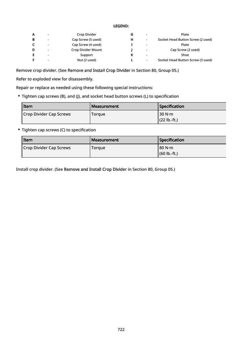 May include: A detailed technical diagram with a legend, instructions, and specifications for crop divider cap screws. The diagram includes measurements in lb.-ft. and N-m, and lists various components like plates, screws, and supports.