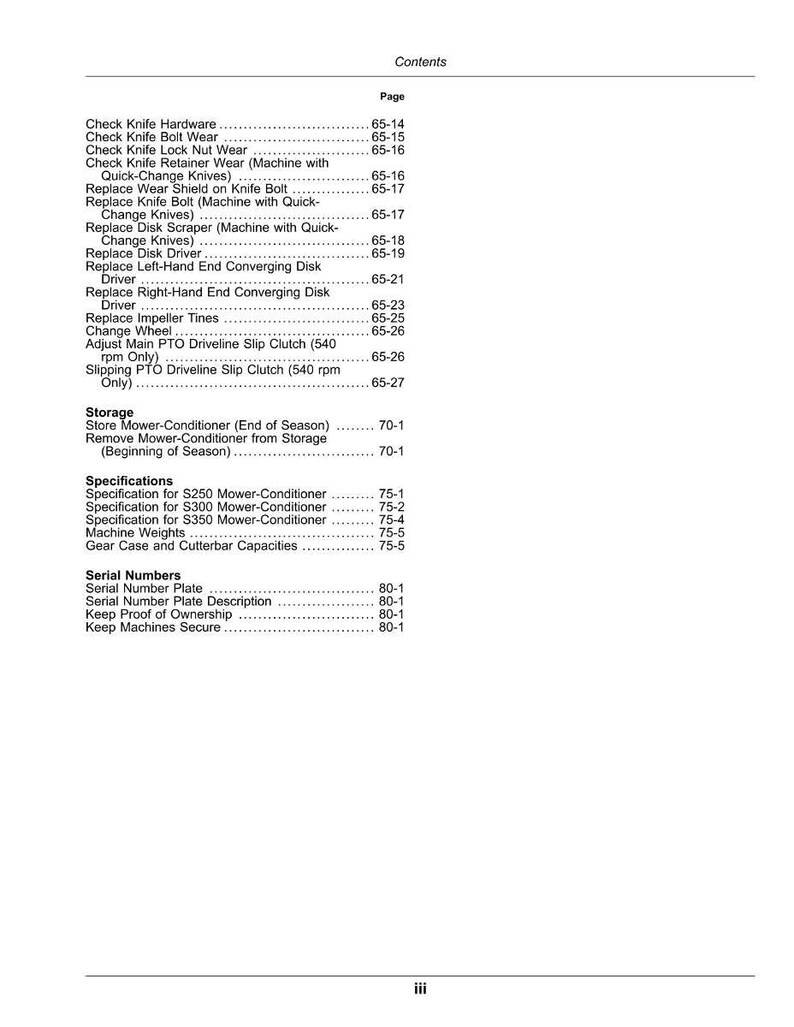 May include: A page from a manual with a table of contents. The text includes topics like "Check Knife Hardware," "Replace Disk Driver," and "Serial Numbers." The page numbers are listed to the right of each topic.