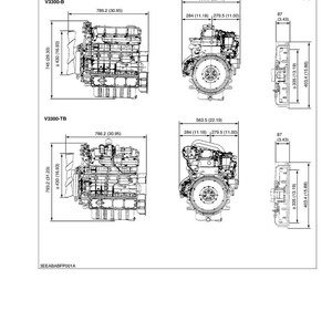 Puede incluir: Diagrama de los motores V3300-B y V3300-TB, con dimensiones en mil&iacute;metros y pulgadas. El diagrama muestra vistas frontal, lateral y superior, con medidas como 786,2 mm de longitud y 430 mm de altura.
