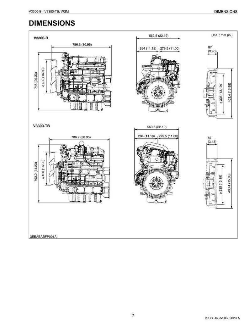 Puede incluir: Diagrama de los motores V3300-B y V3300-TB, con dimensiones en mil&iacute;metros y pulgadas. El diagrama muestra vistas frontal, lateral y superior, con medidas como 786,2 mm de longitud y 430 mm de altura.